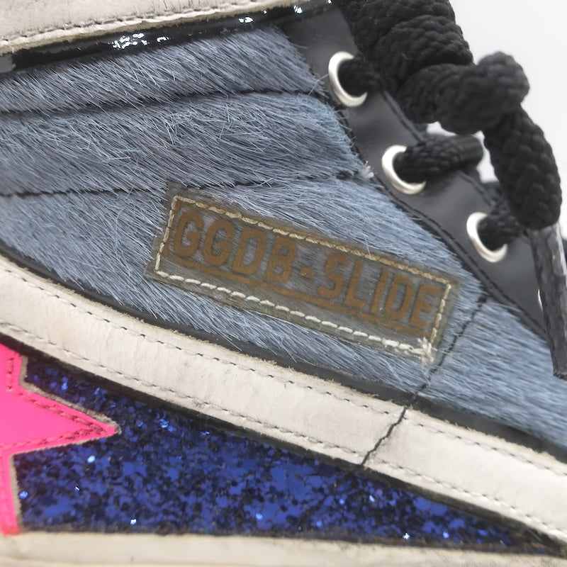 Golden Goose Slide Glitter Sneakers Blue Calf Hair &amp; Black Leather Size 37