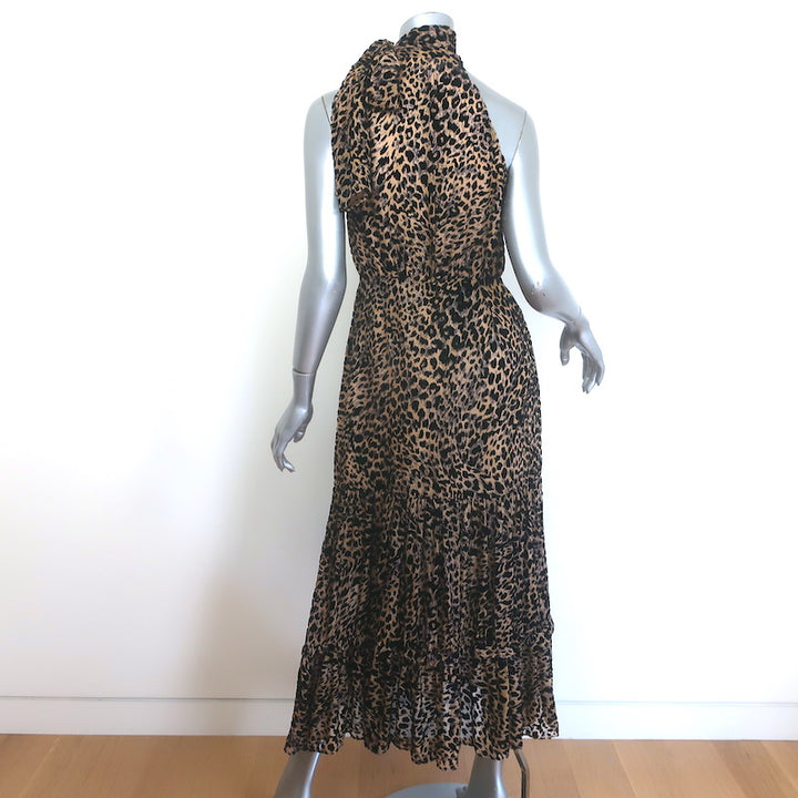 RIXO Eleanor Leopard Burnout Chiffon Midi Dress Brown Silk-Blend Size Small