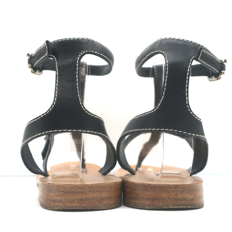 Prada Studded T-Strap Flat Sandals Black Leather Size 38