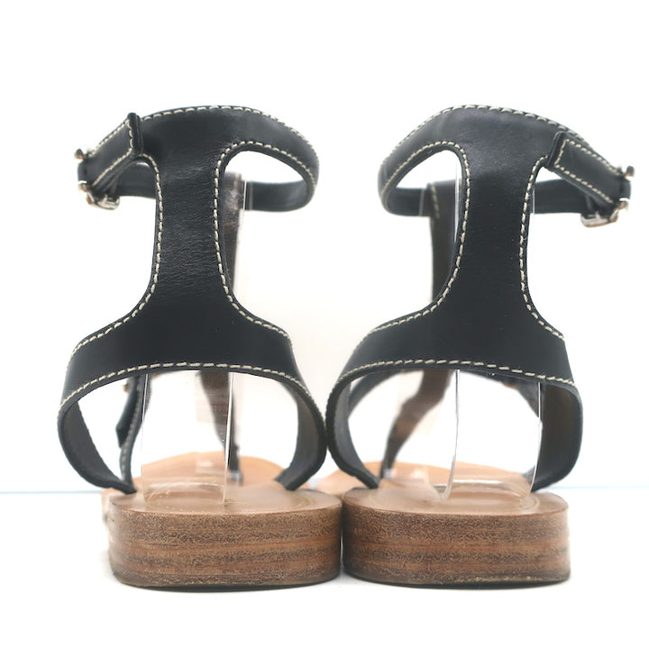 Prada Studded T-Strap Flat Sandals Black Leather Size 38