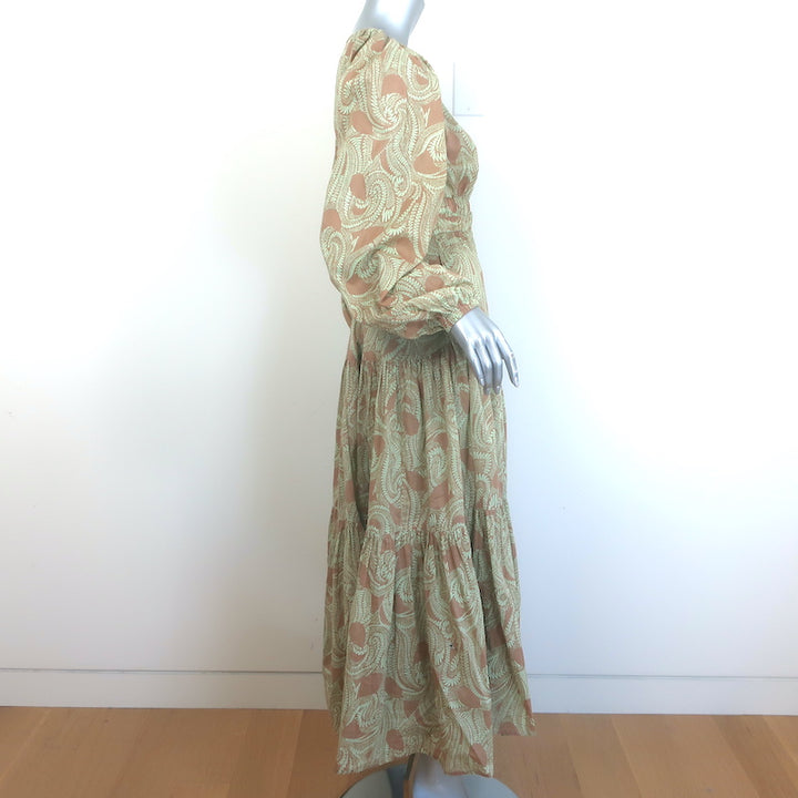 A.L.C. Iman Tiered Maxi Dress Beige/Pastel Green Paisley Print Cotton Size 4