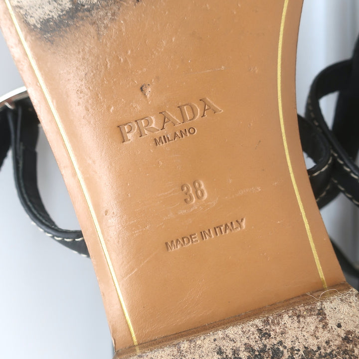 Prada Studded T-Strap Flat Sandals Black Leather Size 38
