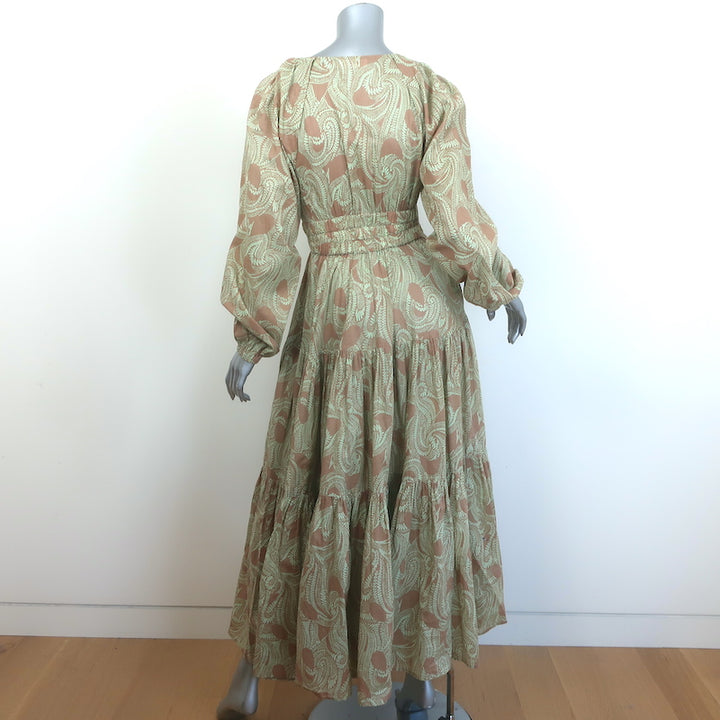A.L.C. Iman Tiered Maxi Dress Beige/Pastel Green Paisley Print Cotton Size 4