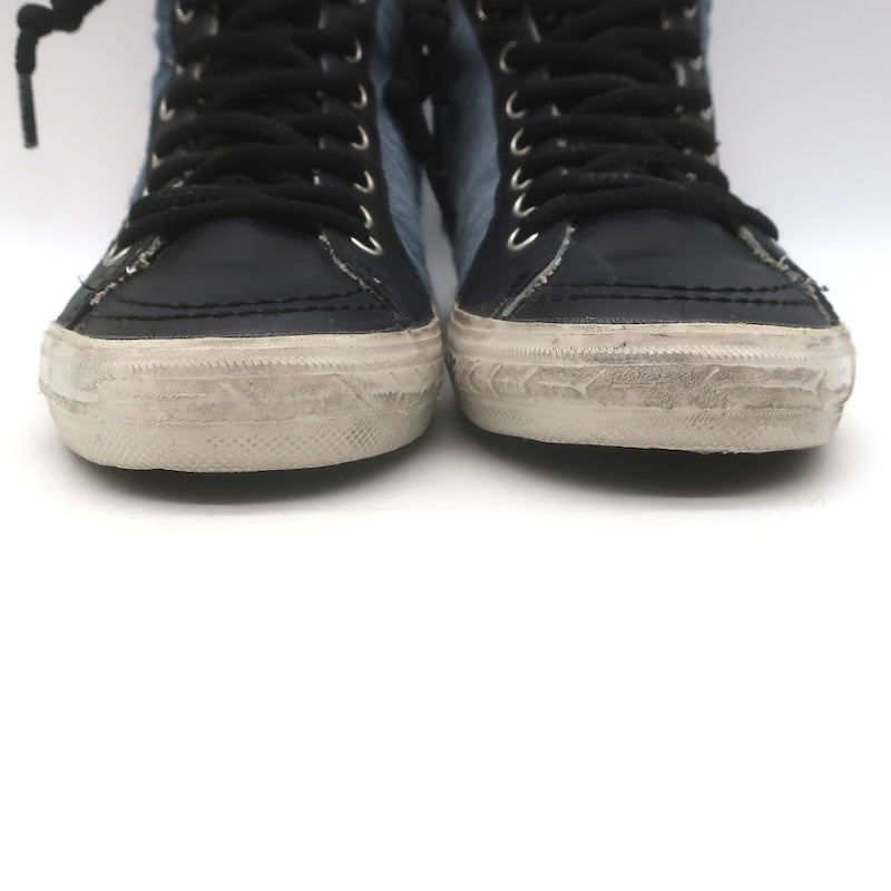 Golden Goose Slide Glitter Sneakers Blue Calf Hair &amp; Black Leather Size 37