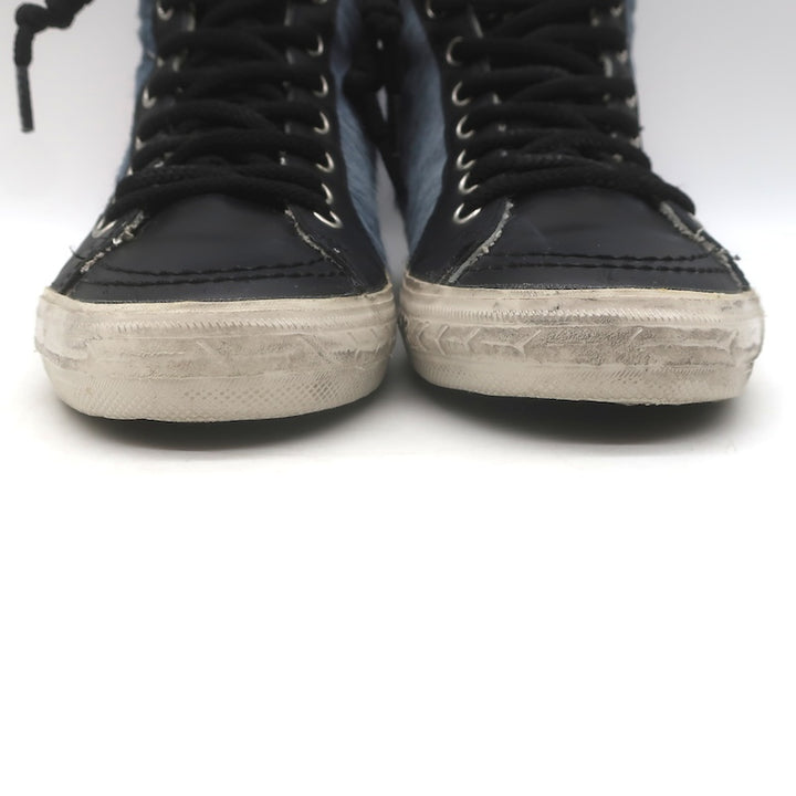 Golden Goose Slide Glitter Sneakers Blue Calf Hair &amp; Black Leather Size 37