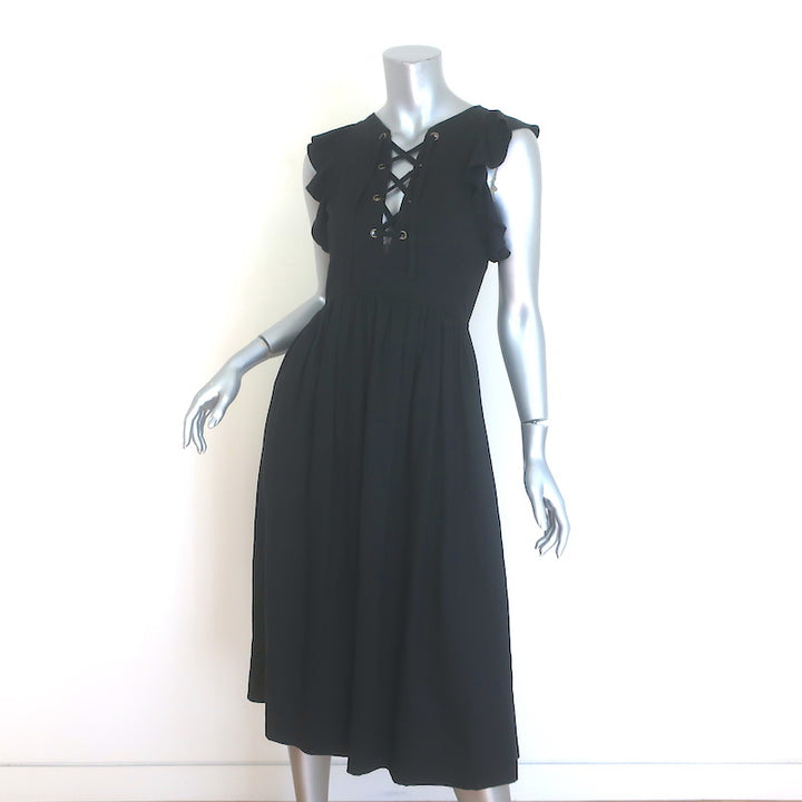 Ulla Johnson Karyn Lace-Up Flutter Sleeve Midi Dress Black Linen-Blend Size 0
