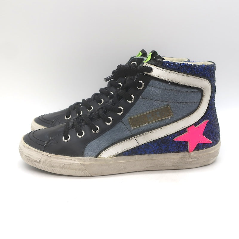 Golden Goose Slide Glitter Sneakers Blue Calf Hair &amp; Black Leather Size 37