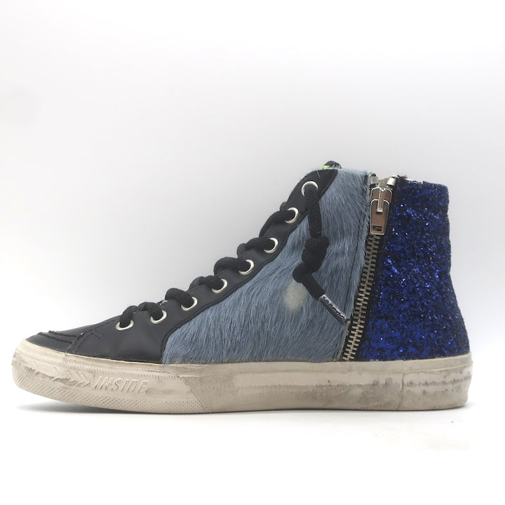 Golden Goose Slide Glitter Sneakers Blue Calf Hair &amp; Black Leather Size 37
