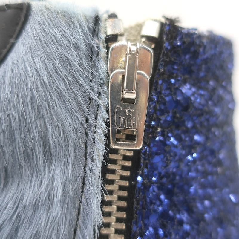 Golden Goose Slide Glitter Sneakers Blue Calf Hair &amp; Black Leather Size 37