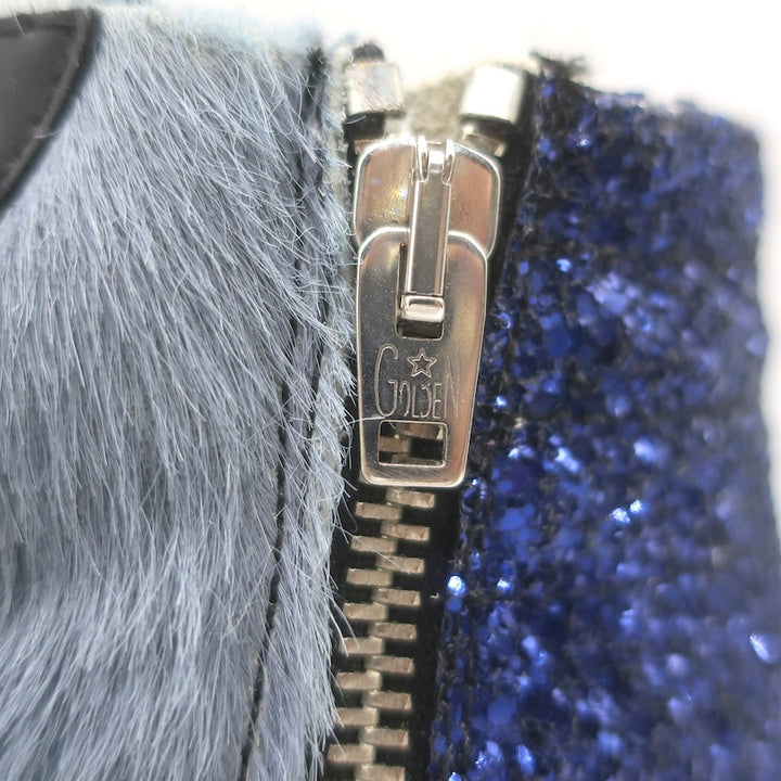 Golden Goose Slide Glitter Sneakers Blue Calf Hair &amp; Black Leather Size 37