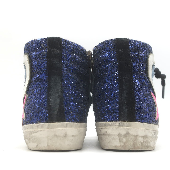 Golden Goose Slide Glitter Sneakers Blue Calf Hair &amp; Black Leather Size 37