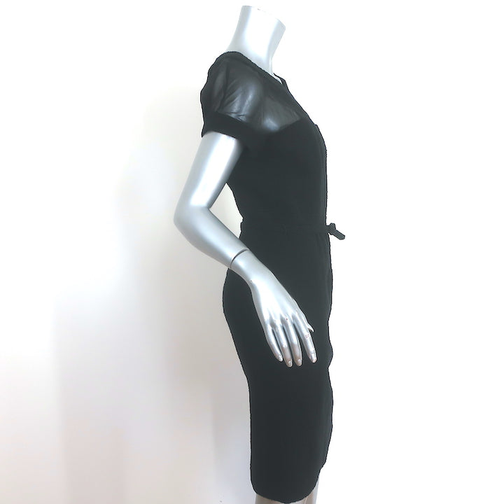 Oscar de la Renta Chiffon-Paneled Boucle Belted Dress Black Wool-Blend Size 8