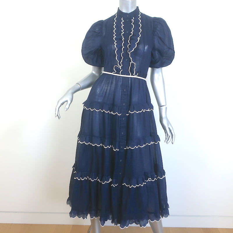 Zimmermann Aliane Scalloped Frill Puff Sleeve Midi Dress Navy Ramie Si Celebrity Owned Zimmermann Aliane Scalloped Frill Puff Sleeve Midi Dress Navy Ramie Si Celebrity Owned