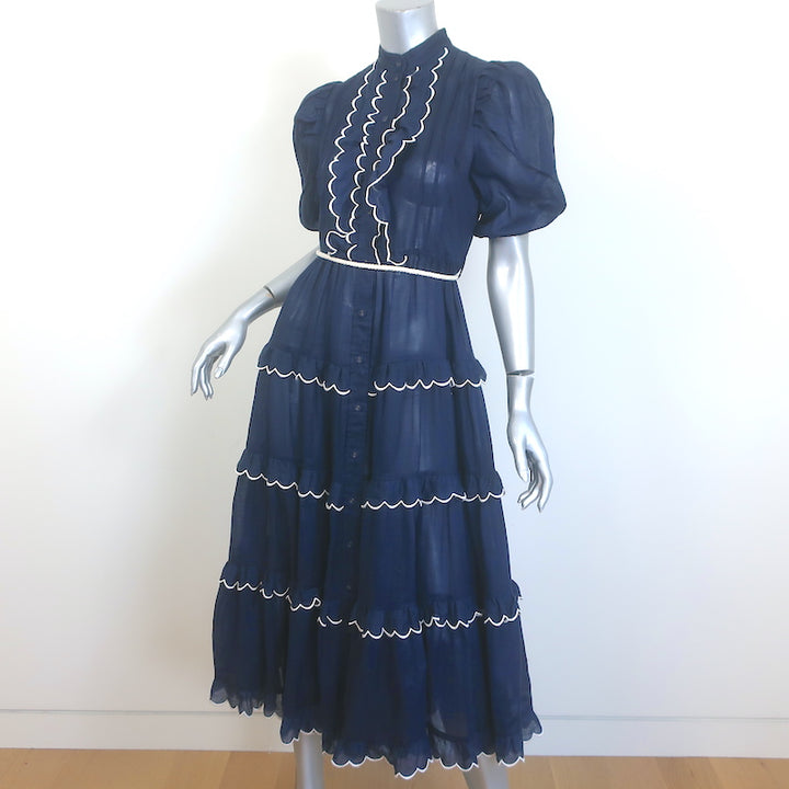 Zimmermann Aliane Scalloped Frill Puff Sleeve Midi Dress Navy Ramie Size 0