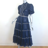 Zimmermann Aliane Scalloped Frill Puff Sleeve Midi Dress Navy Ramie Size 0