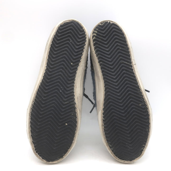 Golden Goose Slide Glitter Sneakers Blue Calf Hair &amp; Black Leather Size 37