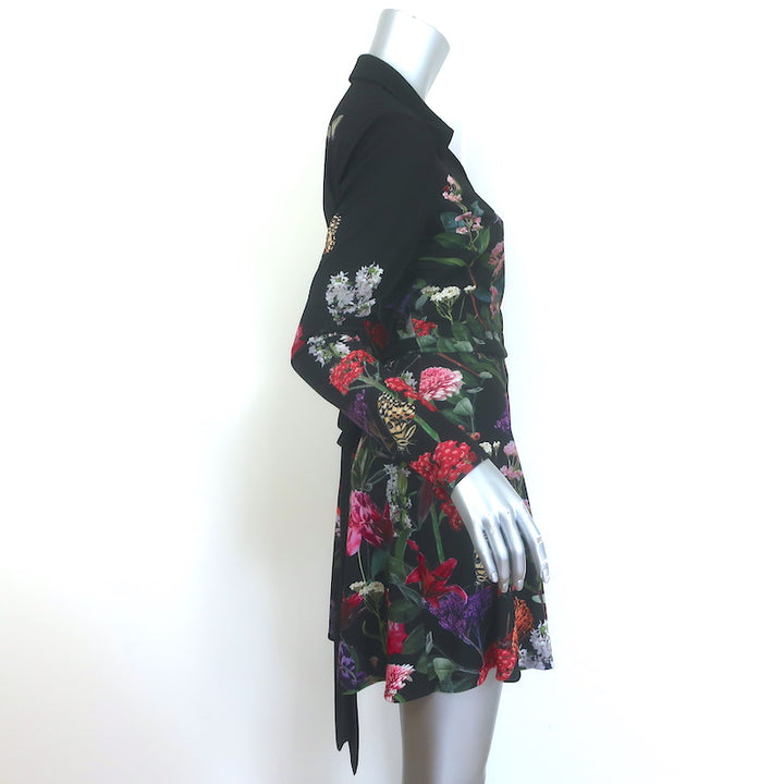 Alice + Olivia Millicent Floral Print Mini Wrap Dress Black Crepe Size 4