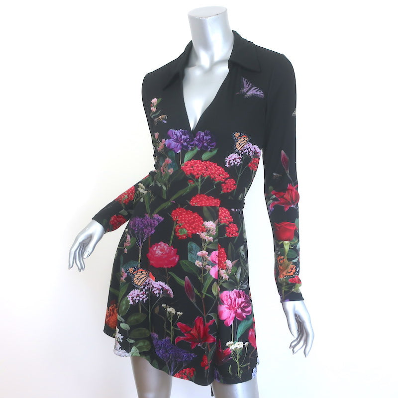 Alice + Olivia Millicent Floral Print Mini Wrap Dress Black Crepe Size 4