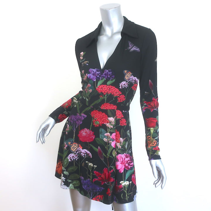 Alice + Olivia Millicent Floral Print Mini Wrap Dress Black Crepe Size 4
