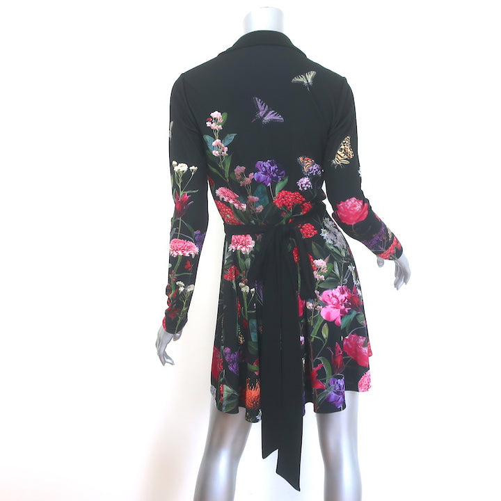 Alice + Olivia Millicent Floral Print Mini Wrap Dress Black Crepe Size 4