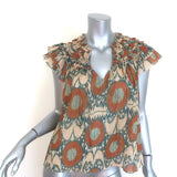 Ulla Johnson Cora Ruffled Top Beige/Multi Lurex Printed Silk Chiffon Size 0
