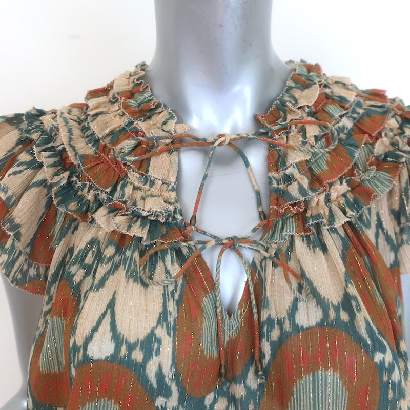 Ulla Johnson Cora Ruffled Top Beige/Multi Lurex Printed Silk Chiffon Size 0