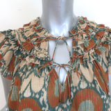 Ulla Johnson Cora Ruffled Top Beige/Multi Lurex Printed Silk Chiffon Size 0