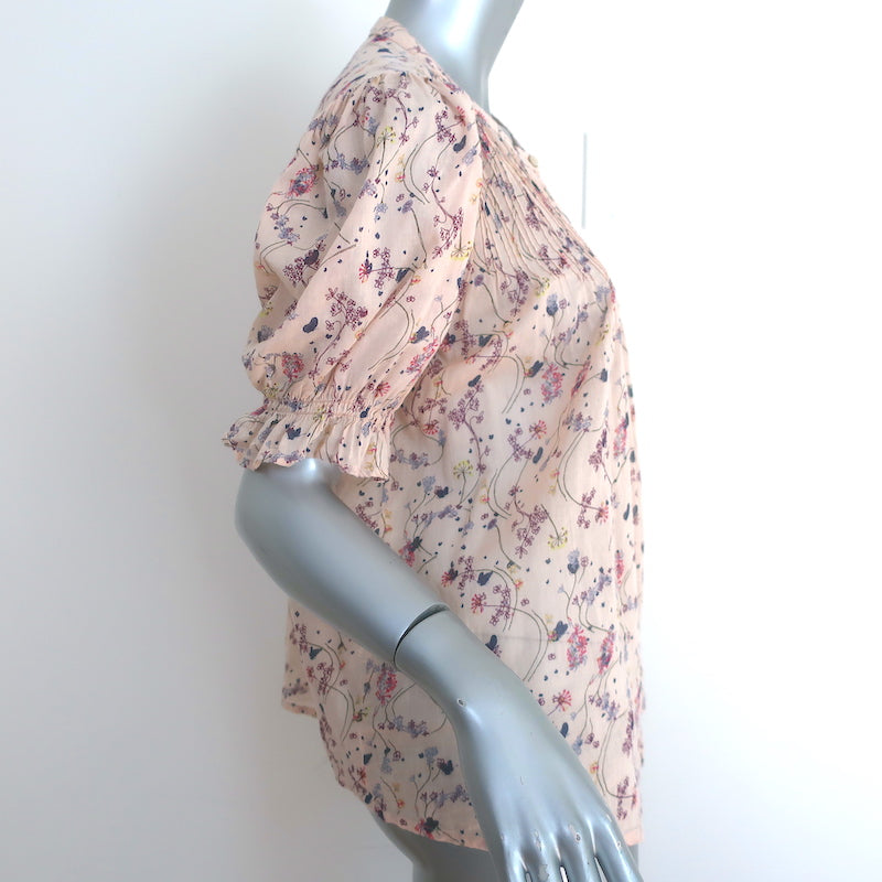 Ba&amp;sh Blouna Blouse Light Pink Floral Print Cotton Size Small Short Sleeve Top