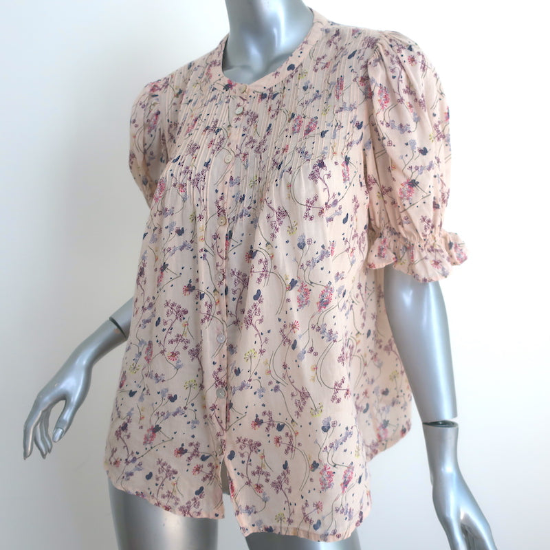 Ba&amp;sh Blouna Blouse Light Pink Floral Print Cotton Size Small Short Sleeve Top