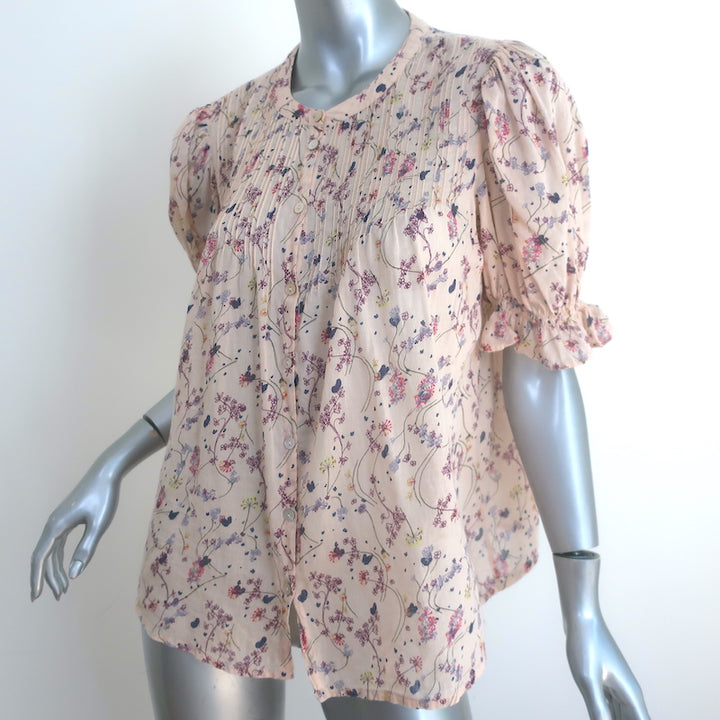 Ba&amp;sh Blouna Blouse Light Pink Floral Print Cotton Size Small Short Sleeve Top