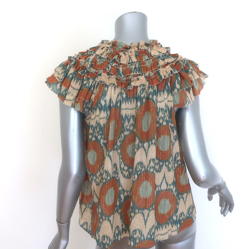 Ulla Johnson Cora Ruffled Top Beige/Multi Lurex Printed Silk Chiffon Size 0