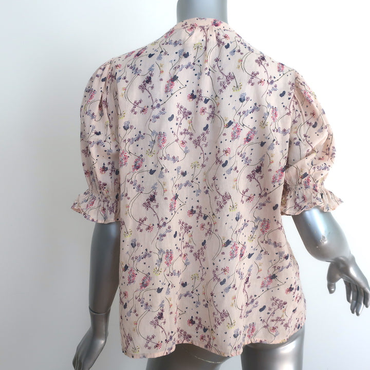 Ba&amp;sh Blouna Blouse Light Pink Floral Print Cotton Size Small Short Sleeve Top