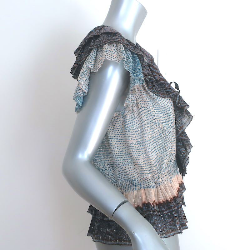Ulla Johnson Kaede Ruffle Blouse Blue/Multi Metallic Printed Cotton-Blend Size 6