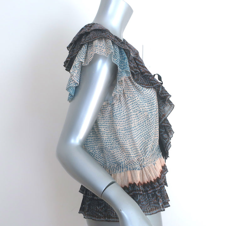 Ulla Johnson Kaede Ruffle Blouse Blue/Multi Metallic Printed Cotton-Blend Size 6