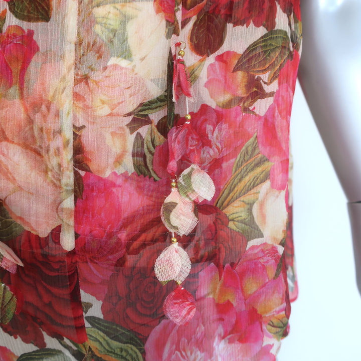 Zimmermann Wonderland Frilled Top Pink Peonies Print Silk Chiffon Size 0P