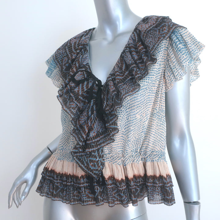 Ulla Johnson Kaede Ruffle Blouse Blue/Multi Metallic Printed Cotton-Blend Size 6