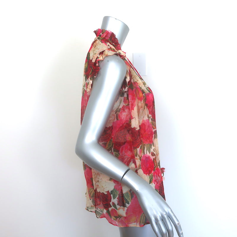 Zimmermann Wonderland Frilled Top Pink Peonies Print Silk Chiffon Size 0P