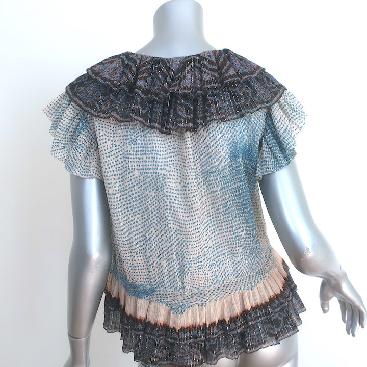 Ulla Johnson Kaede Ruffle Blouse Blue/Multi Metallic Printed Cotton-Blend Size 6