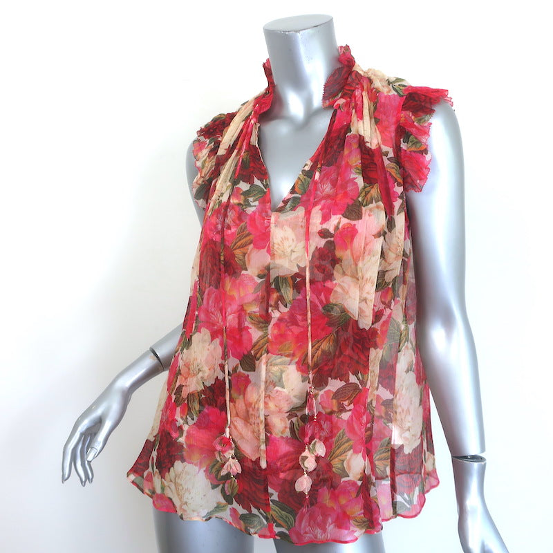 Zimmermann Wonderland Frilled Top Pink Peonies Print Silk Chiffon Size 0P