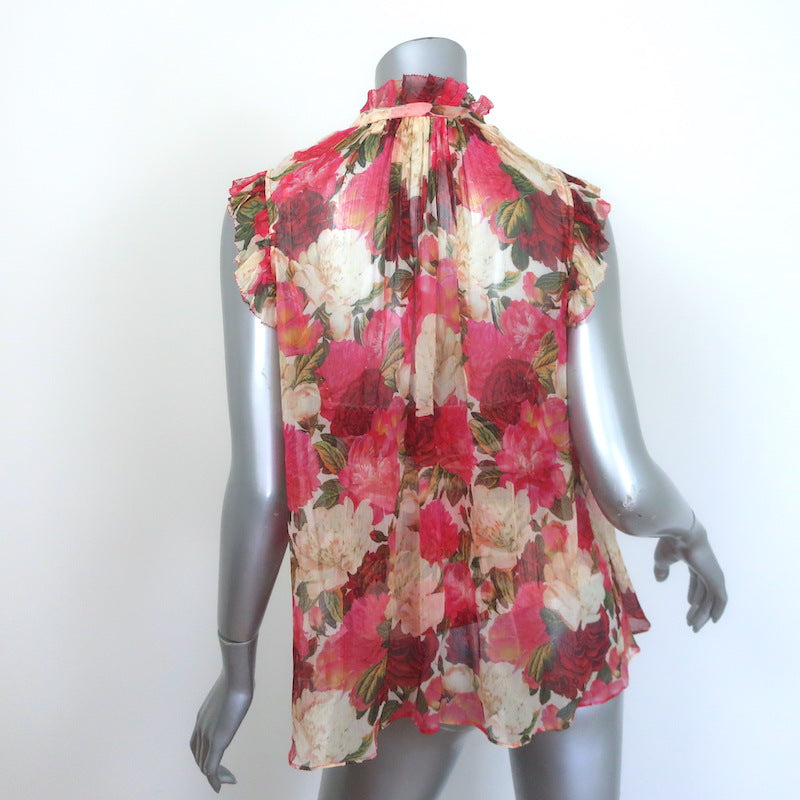 Zimmermann Wonderland Frilled Top Pink Peonies Print Silk Chiffon Size 0P