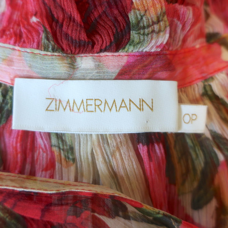 Zimmermann Wonderland Frilled Top Pink Peonies Print Silk Chiffon Size 0P