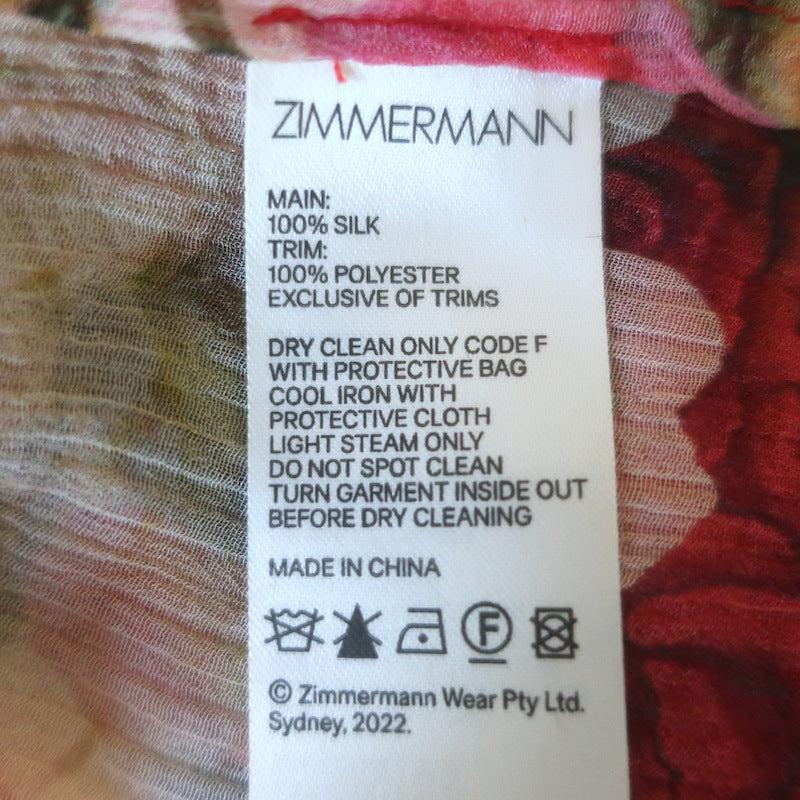 Zimmermann Wonderland Frilled Top Pink Peonies Print Silk Chiffon Size 0P