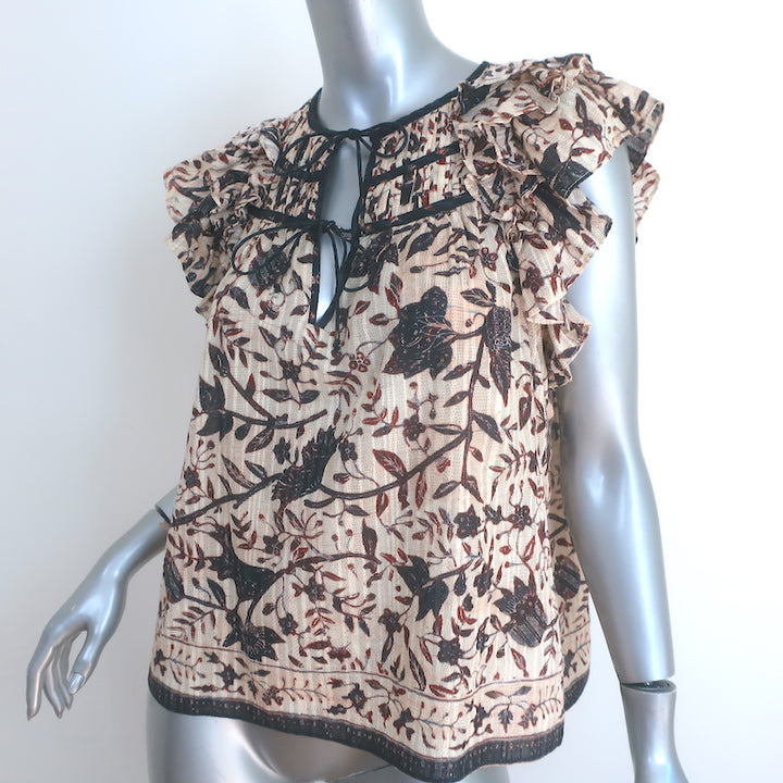 Ulla Johnson Asmara Top Cream Printed Cotton-Blend Size 6 Flutter Sleeve Blouse