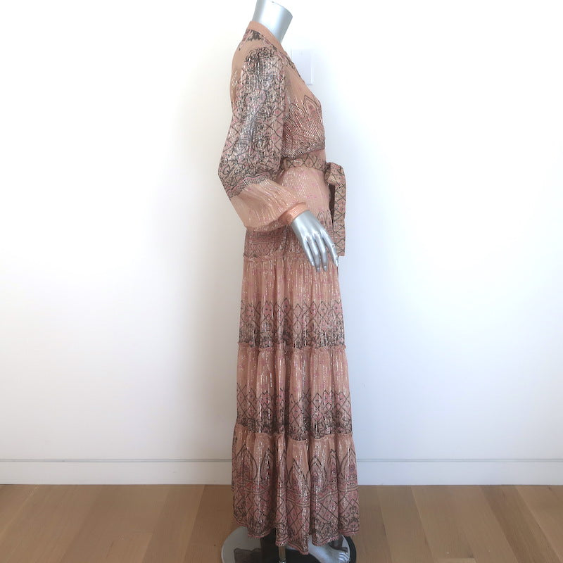 Hemant &amp; Nandita Noor Maxi Dress Blush Metallic Printed Chiffon Size Extra Small