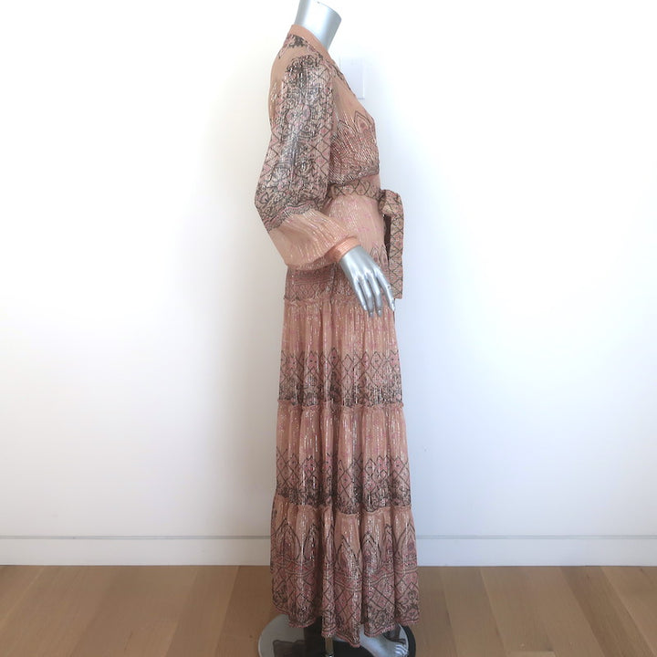 Hemant &amp; Nandita Noor Maxi Dress Blush Metallic Printed Chiffon Size Extra Small