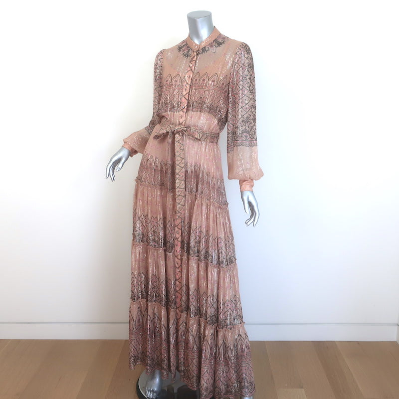 Hemant &amp; Nandita Noor Maxi Dress Blush Metallic Printed Chiffon Size Extra Small