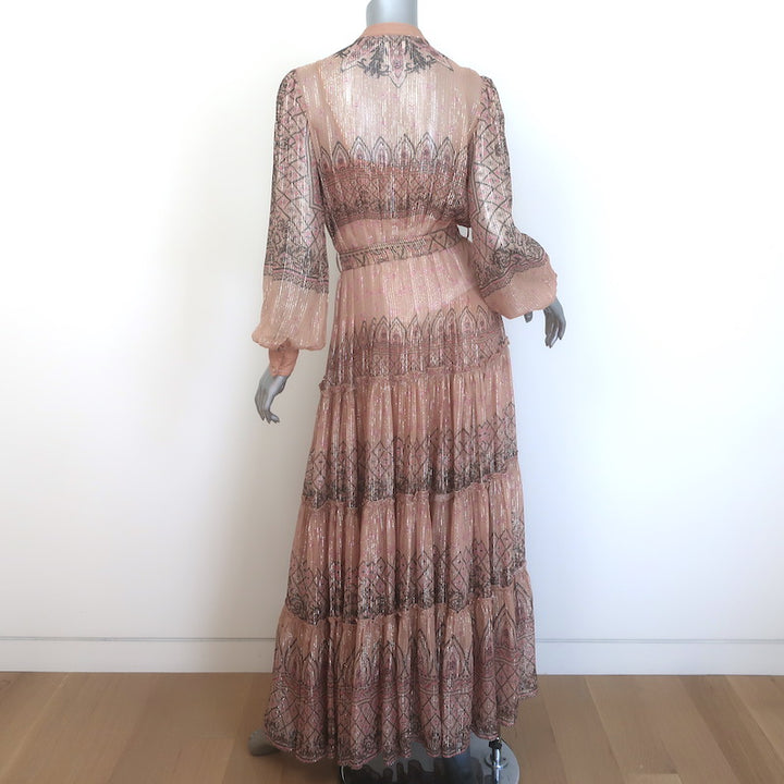 Hemant &amp; Nandita Noor Maxi Dress Blush Metallic Printed Chiffon Size Extra Small