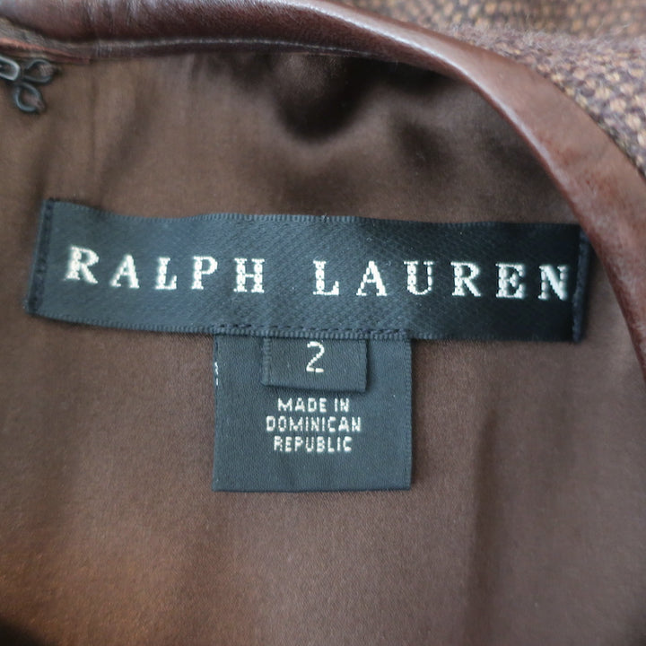 Ralph Lauren Black Label Leather-Trim Tweed Dress Brown Wool-Cashmere Size 2