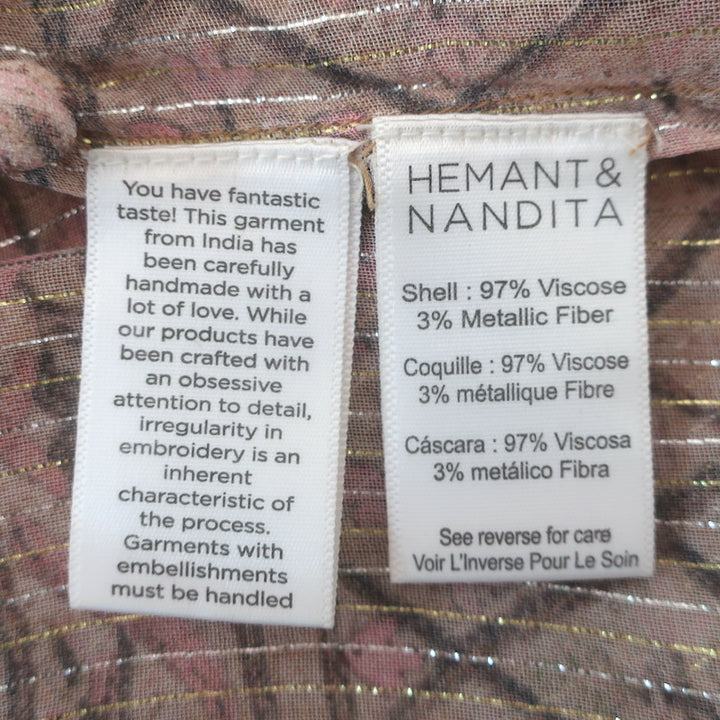 Hemant &amp; Nandita Noor Maxi Dress Blush Metallic Printed Chiffon Size Extra Small