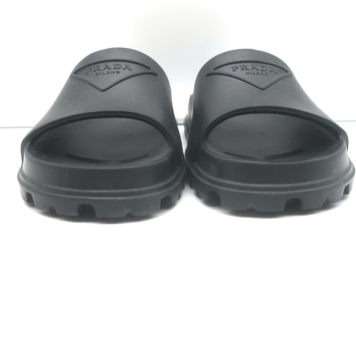 Prada Triangle Logo Rubber Pool Slide Sandals Black Size 38